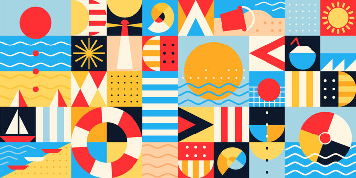 Summer beach vacation Bauhaus modern abstract geometric pattern, vector background. Sun and sea, yacht boat and seashell with buoy and ocean waves with lighthouse in Bauhaus pattern in minimal shapes