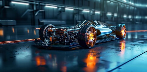 futuristic electric sport fast car chassis and battery high performance concepts as wide banner with copy space area - Generative AI