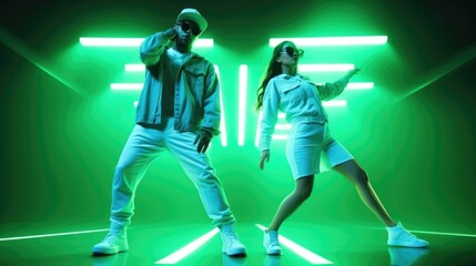 Stylish girl and boy dancing to hip-hop music in green neon lights background. Generative ai