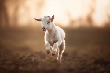 Obraz na płótnie Canvas Jumping cute little goat on farmland. Playful farming pasture little pet. Generate ai