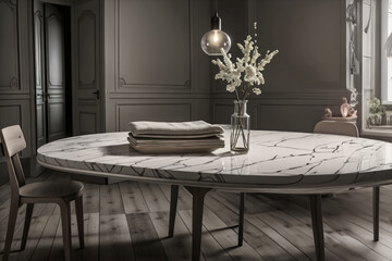 Lusso Contemporaneo- Un Soggiorno Impeccabile con Tavolo Bianco in marmo e Sedie Eleganti
