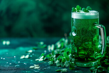 Green beer pint on dark green background, decorated with shamrock leaves with copy space. Traditional St. Patrick`s Day. Irish festival