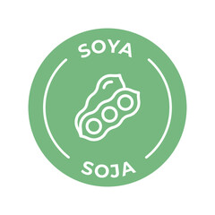 Isolated Vector Logo Badge Ingredient Warning Label. Colorful Allergens icons. Food Intolerance Soya. Written in Spanish and English