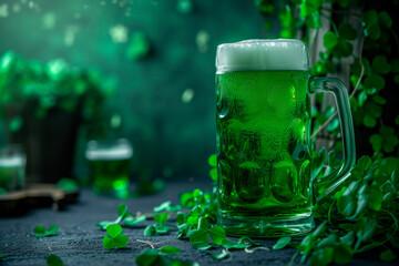 Green beer pint on dark green background, decorated with shamrock leaves with copy space. Traditional St. Patrick`s Day. Irish festival