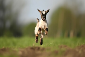 Playful jumping baby goat in green field. Funny joyful farm goat kid animal on farmland. Generate ai
