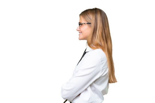 Young business caucasian woman over isolated background in lateral position