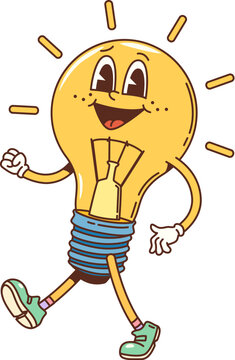 Cartoon groovy light bulb character with happy face, vector comic funky or hippie art. Funny smiling groovy lamp in hipster style walking in sneakers for kids personage and retro t-shirt print