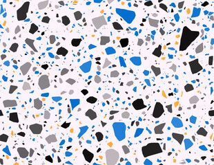 Terrazzo blue, yellow, gray and black ceramic tile pattern, terazo or terazzo mosaic, vector background. Terrazo marble stone floor texture of color ceramic pieces or broken marble stones for interior