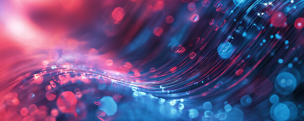 Macro shot of fiber optic cables with a vibrant interplay of blue and red light bokeh - obrazy, fototapety, plakaty