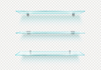 Realistic empty glass shelf. Isolated 3d vector shelves with transparent surfaces offer a minimalist look, creating a sleek and uncluttered space for display or storage for goods, items and production - obrazy, fototapety, plakaty