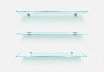 Deurstickers Realistic empty glass shelf. Isolated 3d vector shelves with transparent surfaces offer a minimalist look, creating a sleek and uncluttered space for display or storage for goods, items and production © Vector Tradition
