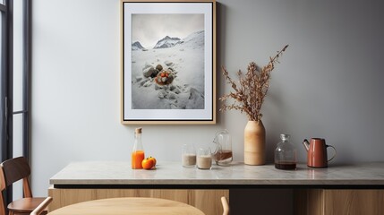 Still life in the kitchen with empty Mockup frame, thyme plant in a terra cotta pot,