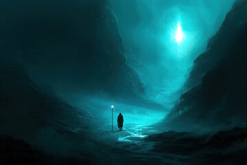 A man walking through a dark valley toward the heavenly light trusting in God Generative AI Illustration