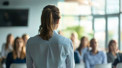Rearview photography of a female business presentation speaker, woman holding an educational speech to workers meeting in the office room interior. Group of people listening to a businesswoman