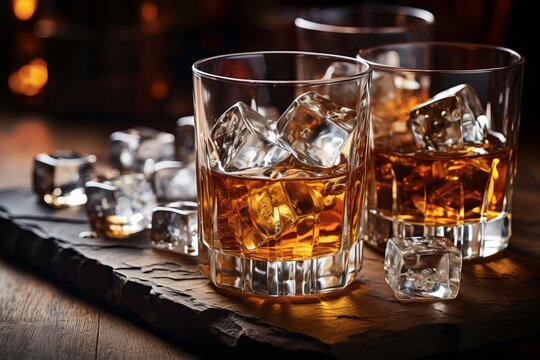 Gorgeous whiskey glass with glistening ice cubes on captivating rich amber backdrop