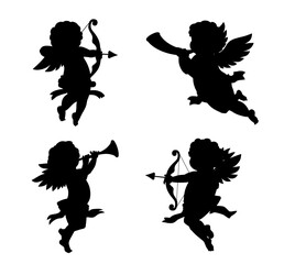 Cherub cupid silhouettes, angels with love arrows and bows or blowing horns, vector icons. Valentine day cupids or cherubim baby angles flying in wings for vintage retro cherub silhouettes