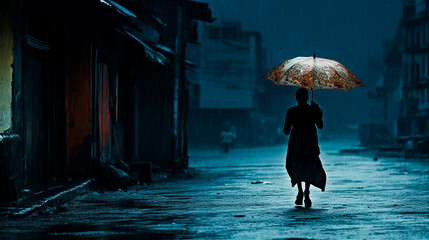 Night rain scene: girl in black jacket with umbrella. Calm beauty, raw vulnerability in indigo and amber. Emotional sensitivity, backlit close-up