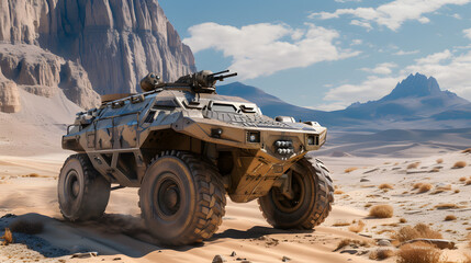 Close up military vehicle in the desert