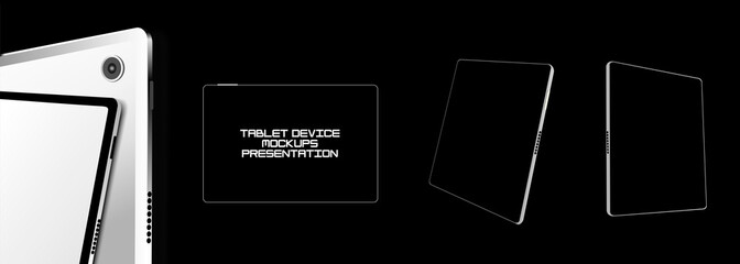 Modern electronic tablet on black background. Presentation of electronic gadget with black screen for your advertising design. Devices mockup with isometric views