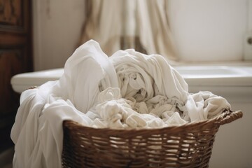 Fototapeta na wymiar white bed linen in the bathroom,Colorful clothes in a laundry basket ,dirty laundry for washing