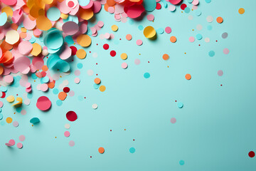 multi-colored round confetti paper balls lie on a blue light background in the upper left corner, plenty of free space for your text