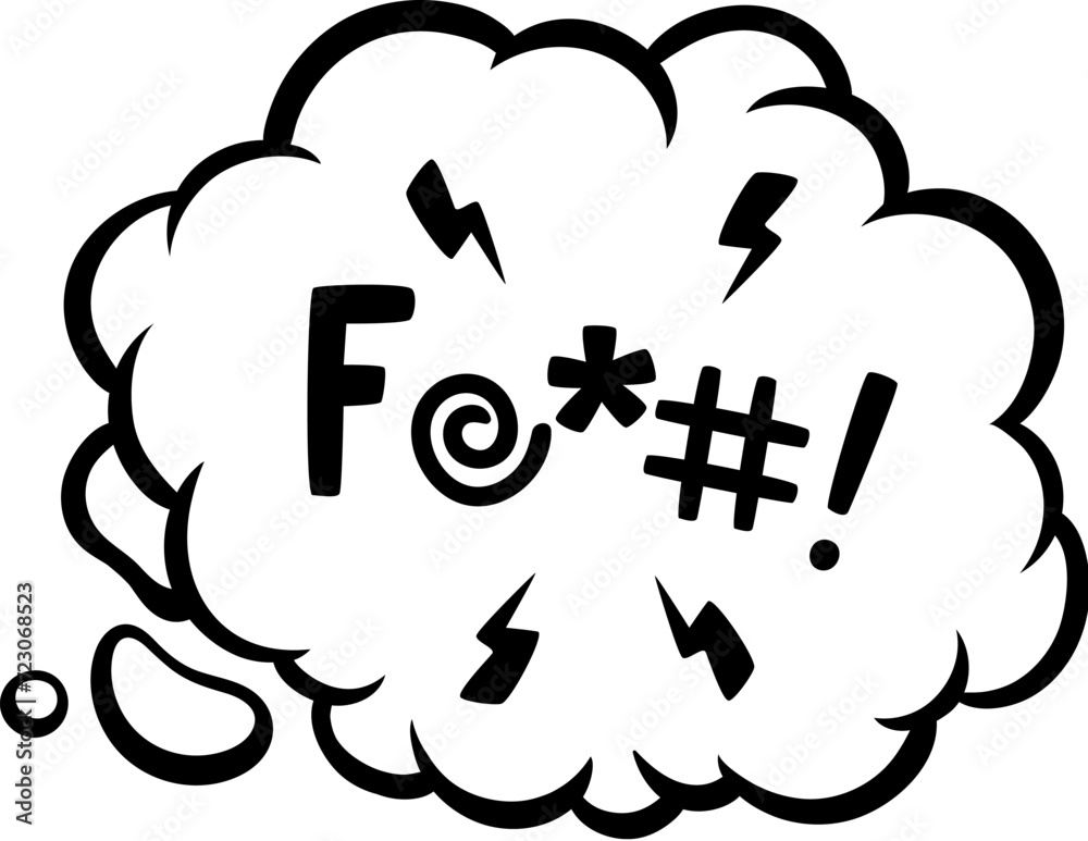Poster Comic swear speech bubble, hate angry talk, aggressive expletive curse convey the intensity of profanity. Isolated vector monochrome censored dialogue cloud with expressive font symbols and flashes
