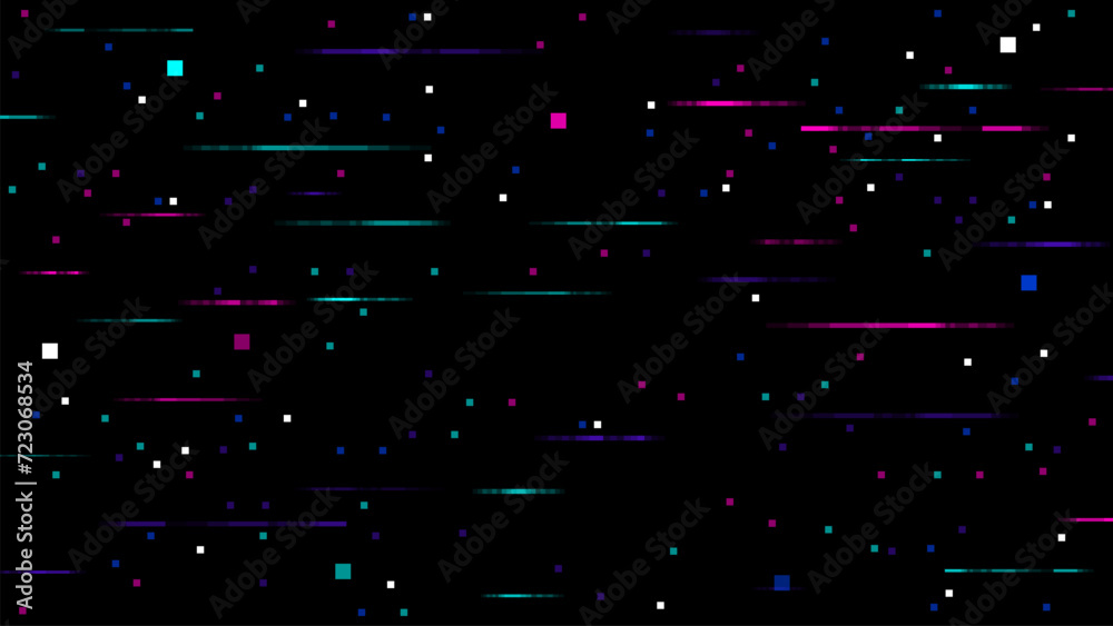 Aufkleber Game pixel glitch effect background, display screen. Vector noise texture, merging vibrant colors with digital distortion, retro-futuristic pattern enhancing gaming experiences with nostalgic design