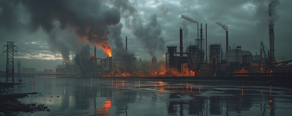 Dramatic view of an industrial complex emitting pollution with fiery smokestacks against a dusk sky..