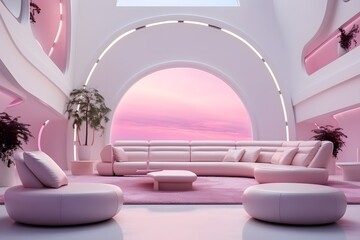 Elegant room pink interior with comfortable furniture, minimalism, futuristic design.