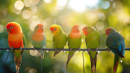Group of colorful parrots in the morning. AI Generative.