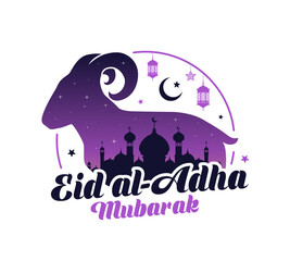 Eid Al Adha Arabian holiday banner with Arabian lanterns, Muslim mosque and sacrificial sheep, vector background. Islam religious Eid al-Adha or Feast of Sacrifice with lamb and crescent moon
