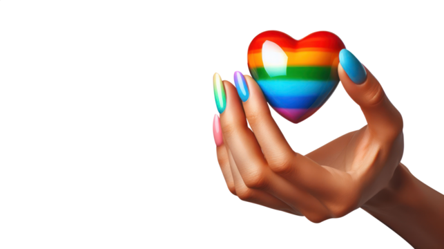 Lesbian Woman hand holding a rainbow heart. Diversity concept art. Embrace Differences: A Loving Exchange of a Rainbow Heart, Reflecting Diversity in Valentine's Sentiments - Powered by Adobe
