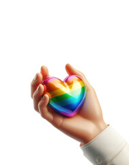 Gay Man hand holding a rainbow heart. Diversity concept art. Harmony in Diversity: A Symbolic Grasp of Love, Breaking Barriers with a Multicolored Heart.