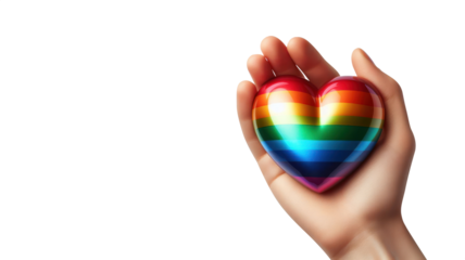 Gay Man hand holding a rainbow heart. Diversity concept art. Embracing Equality: A Joyful Gesture of Love as Diverse Hearts Connect with Rainbow Radiance.