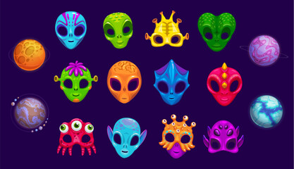 Space alien masks for photo booth and props of monster creatures, vector cartoon faces. Martian alien and humanoid mutants with reptile tentacles and suckers for galaxy photo booth masks