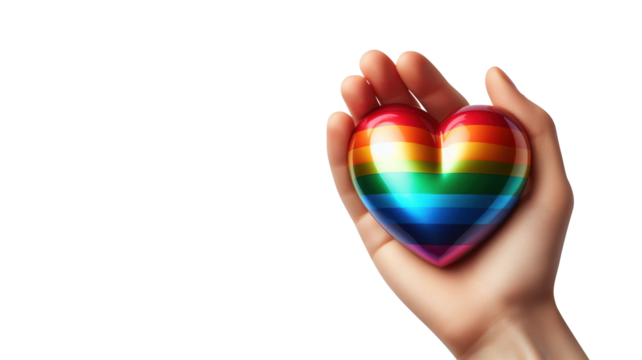 Gay Man hand holding a rainbow heart. Diversity concept art. Embracing Equality: A Joyful Gesture of Love as Diverse Hearts Connect with Rainbow Radiance.