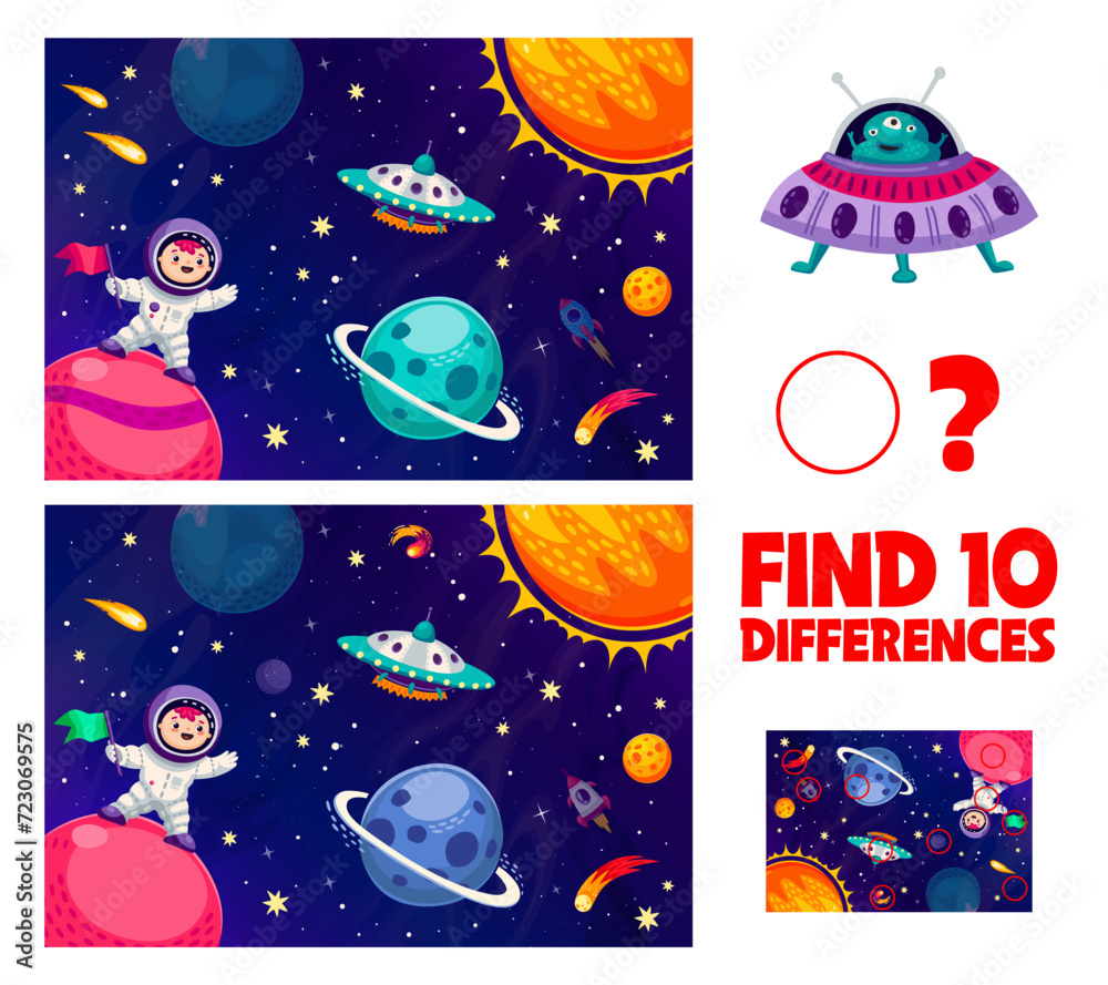 Poster find ten differences in galaxy space landscape with kid astronaut and alien, vector quiz game. find 