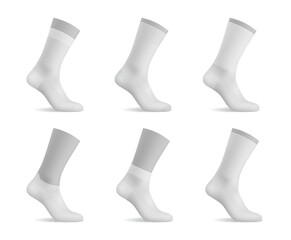 Realistic man socks, white mockup templates of foot wear textile, isolated vector. Blank white sport socks with elastic ankle, high long or middle low and short socks on mannequin foot mockup