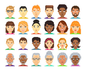 Avatar pixel characters, elderly seniors and kids, men and women, boys and girls, vector icons. 8bit people faces for game avatar, young man and old woman heads for user profile of family characters