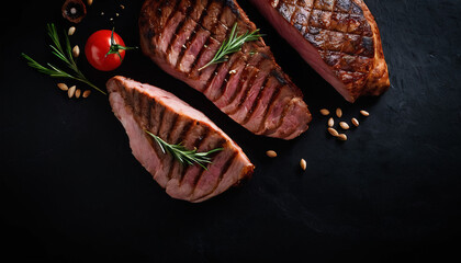 top view of grilled meat with empty space, on a black background