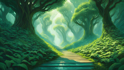 Wooden path in a rain forest with huge trees and sunlight Ai generated