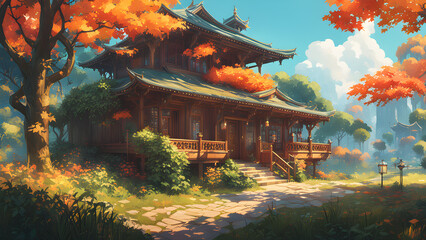 Painting of traditional japanese house with nature concept
