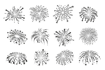 Obraz premium Firework silhouettes and carnival stars explosion for holiday celebration, vector icons. Christmas, New Year and birthday anniversary or festival party confetti popper explosion with star spark splash