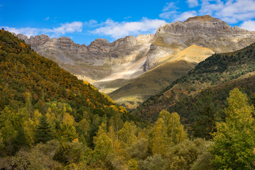 Sorrosal Valley in autumn in the Aragon pyrenees in Huesca province of Spain.