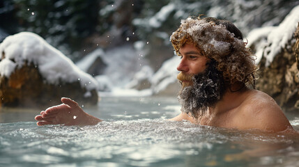 Fototapeta na wymiar Neanderthals bathed in the hot springs of the Alps in ancient times.