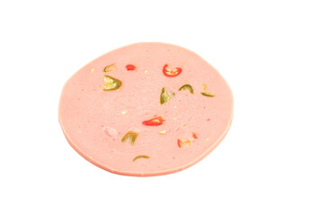 Bologna with chilly ,Mortadela Sausage, Sliced boiled ham sausage isolated on transparent background, top view, PNG File © ISENGARD