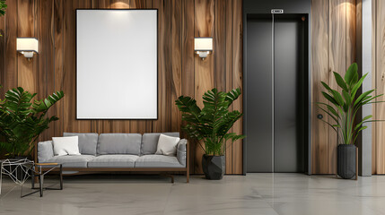 Office lobby with wooden walls, concrete floor, gray sofa and vertical mockup poster frame