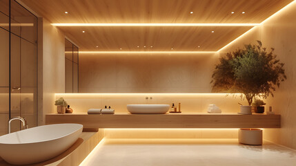 a bathroom with a large frameless mirror and soft LED lighting