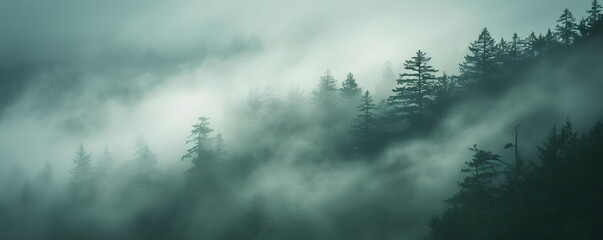A misty mountain landscape with a forest of pine trees in a vintage retro style. The environment is portrayed with clouds and mist, creating a vintage and atmospheric imagery of a tree covered forest.