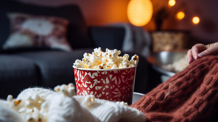 Cozy Evening at Home with a Bowl of Popcorn, Comfortable Knit Sweater, and Warm Ambient Light. Relaxation and Leisure Concept